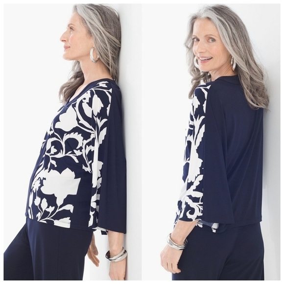 Chico's Knit Kit Colorblocked Floral Shadows Elbow Sleeves V-Neck Top Navy White - Picture 1 of 16